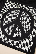 Load image into Gallery viewer, Online Black Checkerboard Peace Sign Printed Round Neck T Shirt
