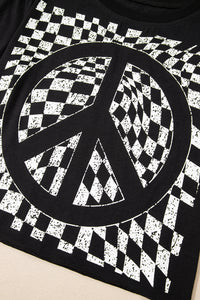 Online Black Checkerboard Peace Sign Printed Round Neck T Shirt