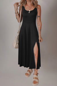 Online Black Sleeveless Scoop Neck Flared Split Midi Dress