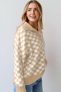 Online Apricot Checkered Buttons Collar V Neck Drop Shoulder Sweater