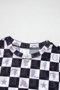 Online Black Checkerboard Western Elements Printed Mesh Long Sleeve Top