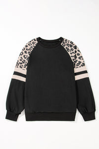 Online Black Leopard Print Colorblock Raglan Sleeve Sweatshirt