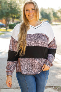 Online Black Leopard Print Colorblock V Neck Long Sleeve Plus Size Top