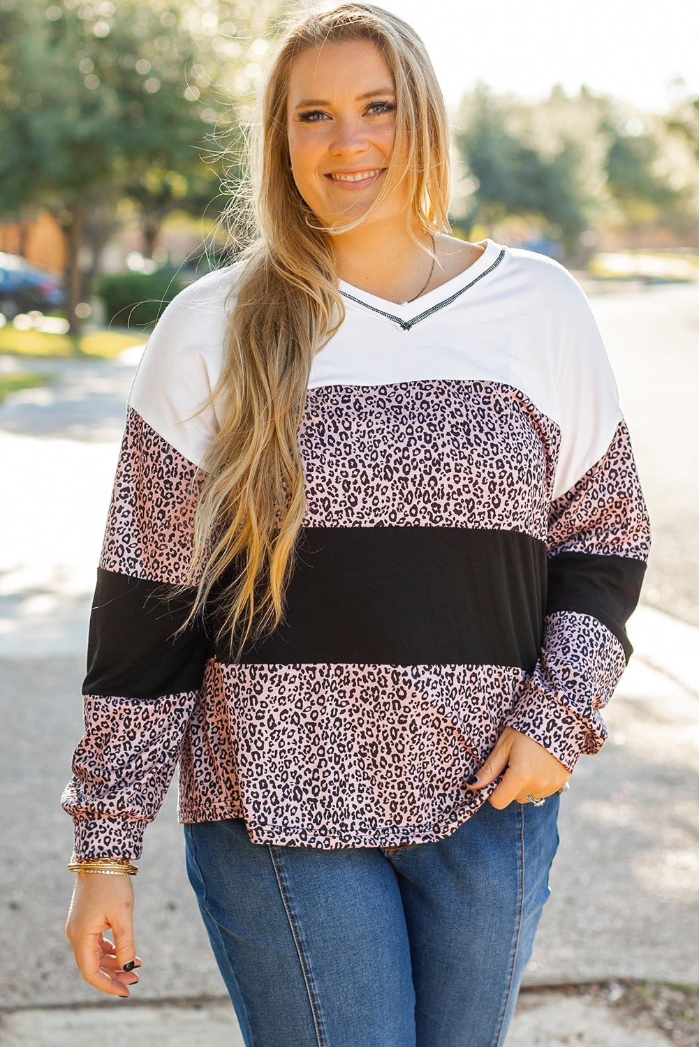 Online Black Leopard Print Colorblock V Neck Long Sleeve Plus Size Top