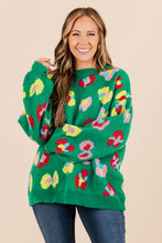 Load image into Gallery viewer, Online Green Plus Size Floral Knitted Ribbed Edge Drop Shoulder Sweater
