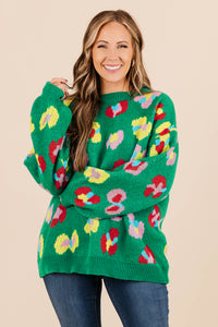 Online Green Plus Size Floral Knitted Ribbed Edge Drop Shoulder Sweater