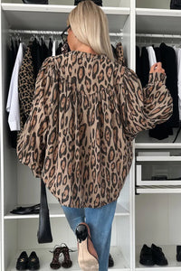 Jet Stream Oversized Leopard Print Balloon Sleeve Casual Shirt