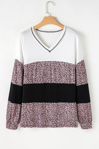 Online Black Leopard Print Colorblock V Neck Long Sleeve Plus Size Top