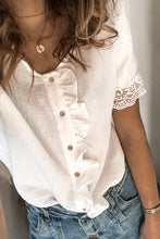 Load image into Gallery viewer, White Ruffles Button Short Sleeve Shirt with Lace Detail
