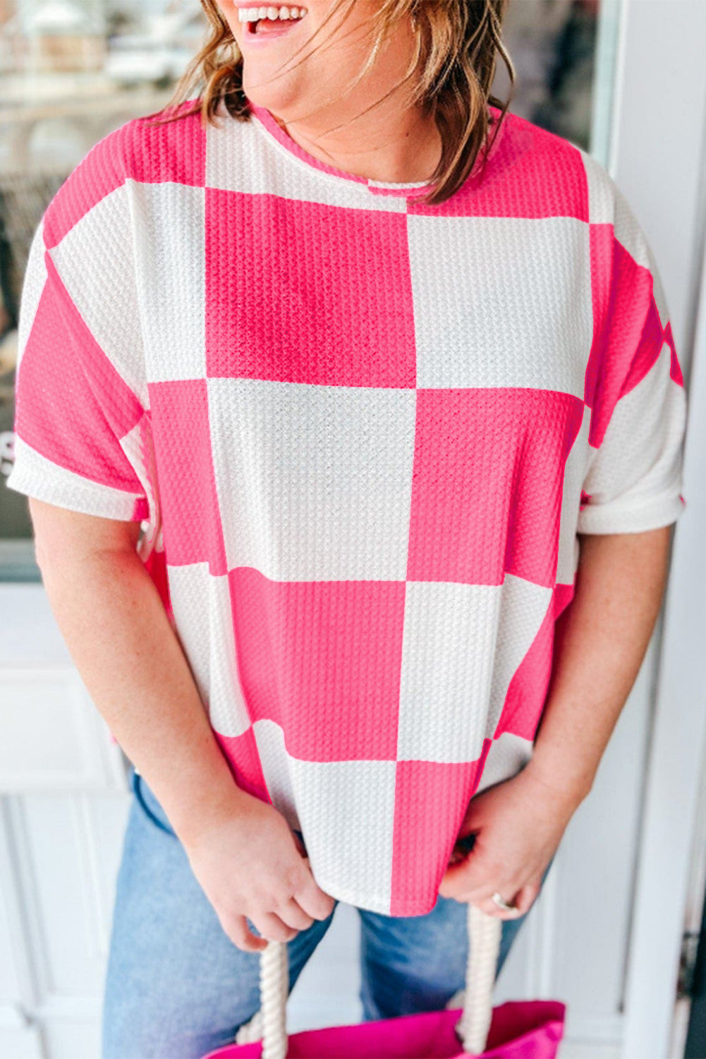 Online White Textured Checkerboard Round Neck Plus Size T Shirt