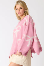 Load image into Gallery viewer, Online Pearl Beaded Bowknot Pattern Distressed Split Hem Sweater
