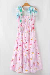 Online Pink Floral Print Knotted Shoulder Smocked Maxi Dress