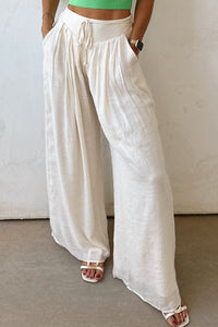 Online White Casual Tie Waist Pleated Wide Leg Pants