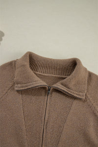 Online Brown Western Printed Ribbed Trim Collared Zip up Cardigan