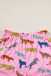 Online Pink Flower Print Short Sleeve High Waist Two Piece Shorts Set
