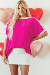 Online Rose Red Oversized Color Block Boat Neck Tunic Blouse