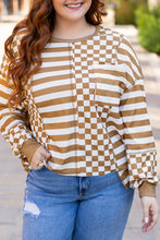 Load image into Gallery viewer, Online Khaki Striped Checkered Mixed Print Chest Pocket Casual Plus Size Top
