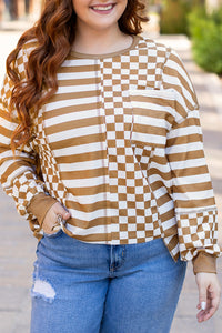 Online Khaki Striped Checkered Mixed Print Chest Pocket Casual Plus Size Top