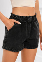 Load image into Gallery viewer, Black Retro Bleach-washed Ruffled Elastic High Waist Denim Shorts
