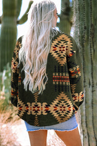 Online Green Aztec Print Flap Pockets Long Sleeve Shacket