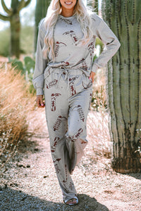 Online Gray Cowgirl Boots Printed Long Sleeve Top Pants Lounge Set