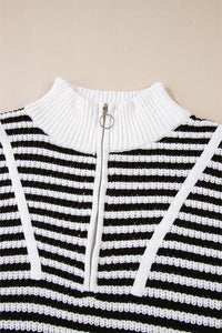 Online Pink Stripe Zip up Collar Drop Shoulder Sweater
