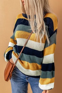 Blue Striped Puff Sleeve Knitted Pullover Sweater