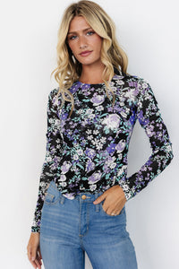 Online Black Floral Print Mesh Fitted Long Sleeve Top