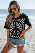 Load image into Gallery viewer, Online Black Checkerboard Peace Sign Printed Round Neck T Shirt
