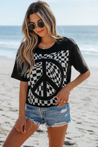 Online Black Checkerboard Peace Sign Printed Round Neck T Shirt