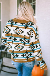 Online Brown Aztec Striped Knit Ribbed Trim Sweater