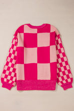 Load image into Gallery viewer, Online Rose Red Mixed Checkered Pattern Drop Shoulder Loose Sweater
