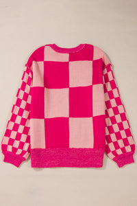 Online Rose Red Mixed Checkered Pattern Drop Shoulder Loose Sweater