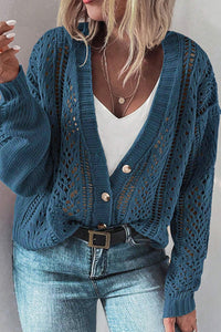 Online Real Teal Open Knit V Neck Button Front Drop Shoulder Plus Size Cardigan