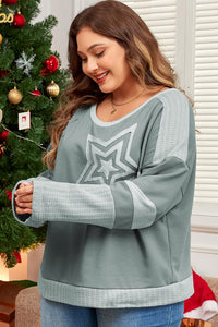 Online Mist Green Stars Patchwork Round Neck Plus Size T Shirt