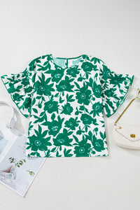 Online Green Floral Printed Ruffled Short Sleeve Round Neck Loose Blouse