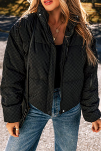 Online Black Checkerboard Full Zipper Puffer Jacket