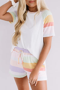 Online White Rainbow Striped T Shirt and Shorts Set