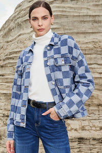 Online Black Checkered Patchwork Button up Denim Jacket