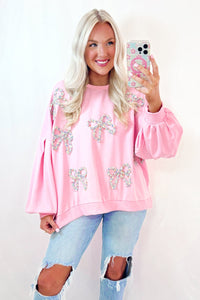 Online Light Pink Embroidered Bow Lantern Sleeve Oversized Pullover Sweatshirt