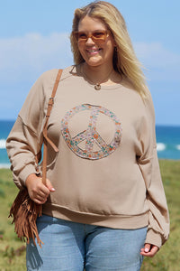 Online Pale Khaki Floral Peace Sign Graphic Washed Terry Plus Size Sweatshirt