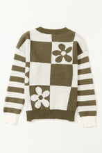 Load image into Gallery viewer, Online Orchid Petal Checkered Floral Print Striped Sleeve Sweater
