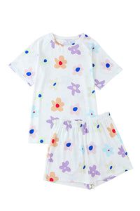 Online Pink Flower Print Short Sleeve High Waist Two Piece Shorts Set