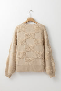 Online Parchment Checkered Sherpa Crew Neck Loose Sweater