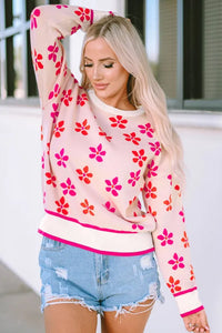 Pink Flower Print Crew Neck Sweater