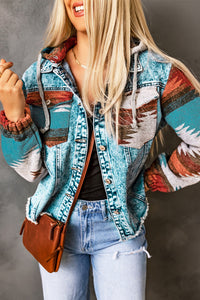 Online Multicolor Aztec Print Frayed Hem Denim Jacket