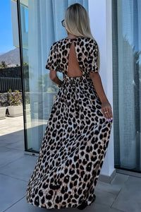 Online Khaki Leopard V Neck Cinched High Waist Open Back Maxi Dress