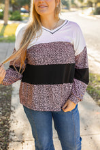 Load image into Gallery viewer, Online Black Leopard Print Colorblock V Neck Long Sleeve Plus Size Top
