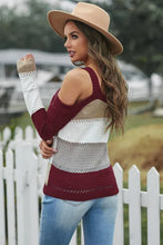 Load image into Gallery viewer, Burgundy Trim Colorblock Stripes Cold Shoulder Hollow-out Sweater
