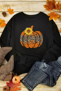 Black Leopard Pumpkin Sunflower Graphic Sweatshirt